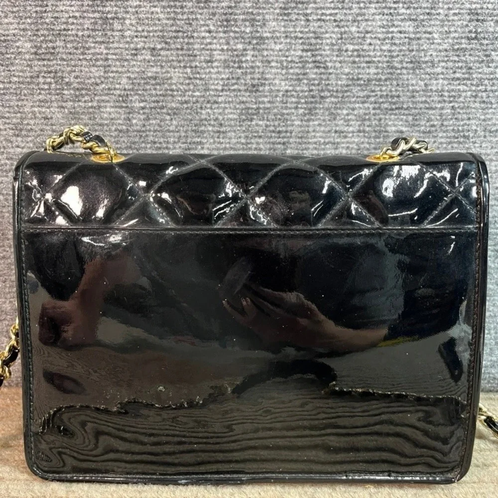 Giani Bernini Black Quilted Patent Leather Crossbody Bag Gold Chain Strap